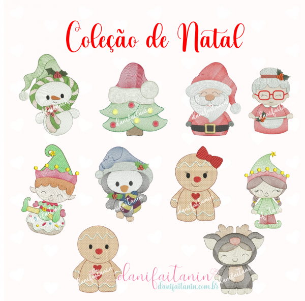 MATRIZ DE BORDADO NATAL EXCLUSIVA DANI FAITANIN COM RENA, PAPAI NOEL, MAMÃE NOEL, BONECO DE GENGIBRE, PINGUIM, BONECO DE NEVE ARVORE DE NATAL